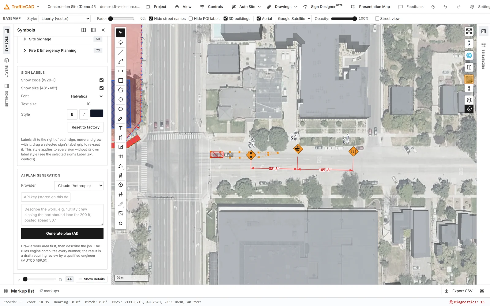 TrafficCAD's AI plan generation panel: a plain-English description of the work beside the generated, cited traffic control plan on the map.