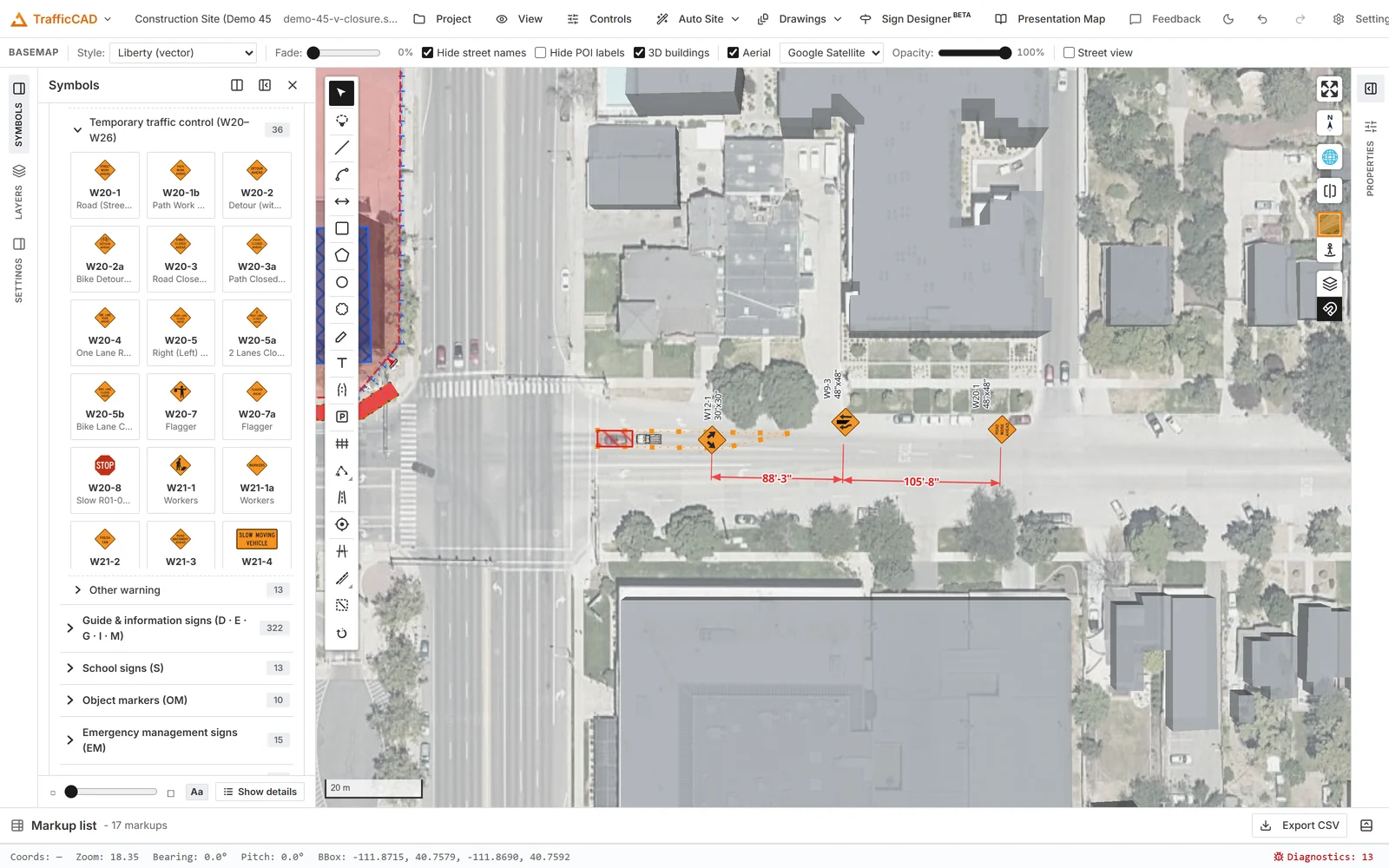 An auto-generated MUTCD lane closure with cited dimension chains in TrafficCAD.