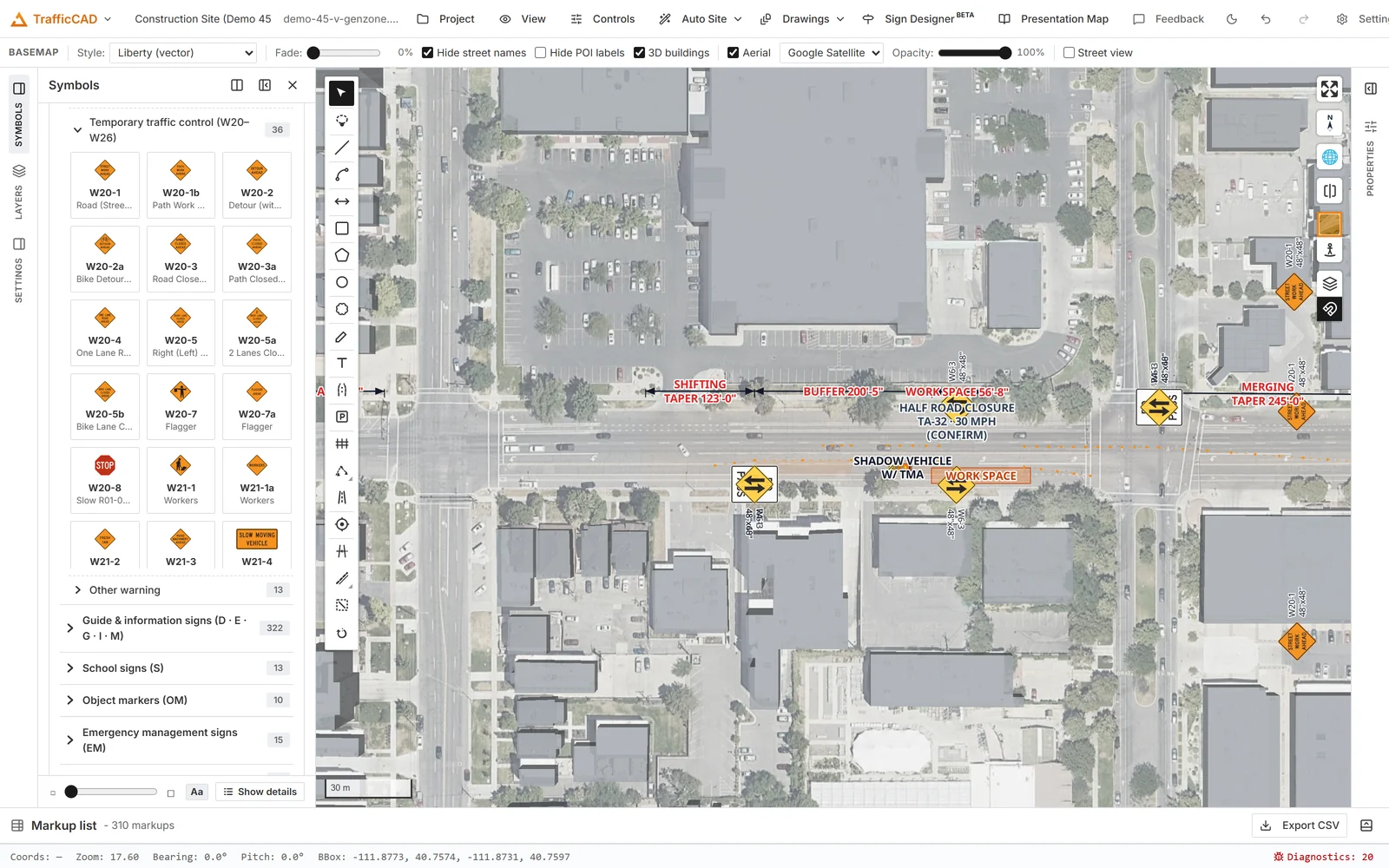 An auto-generated MUTCD half-road closure in TrafficCAD: merging and shifting tapers, buffer space, work space with shadow vehicle, and advance warning signs labeled with computed distances on satellite imagery.