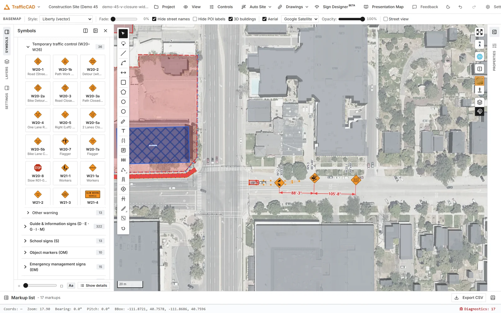 TrafficCAD markup and measurement on the live map: two placed work-zone signs on satellite imagery with the symbol library open.