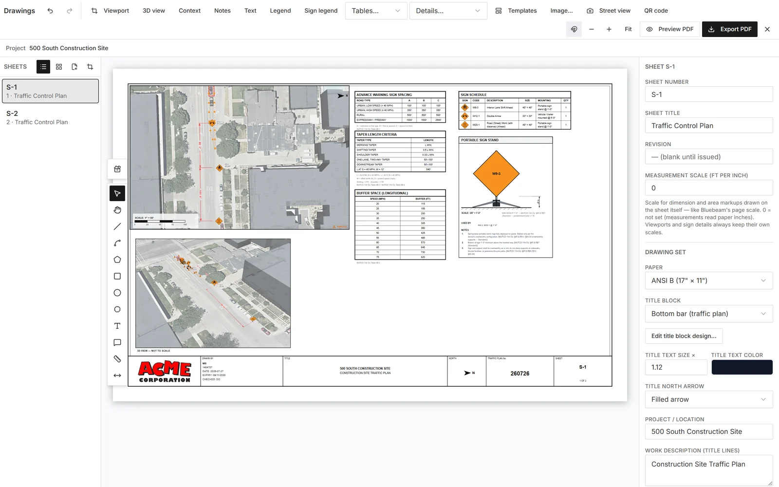 A TrafficCAD plan sheet: satellite viewport capture of the work zone with title block, general notes, and north arrow, exactly as it prints to PDF.