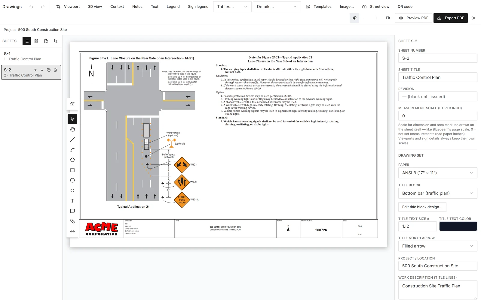 The TrafficCAD template browser inserting a MUTCD typical application onto a sheet as editable vectors.