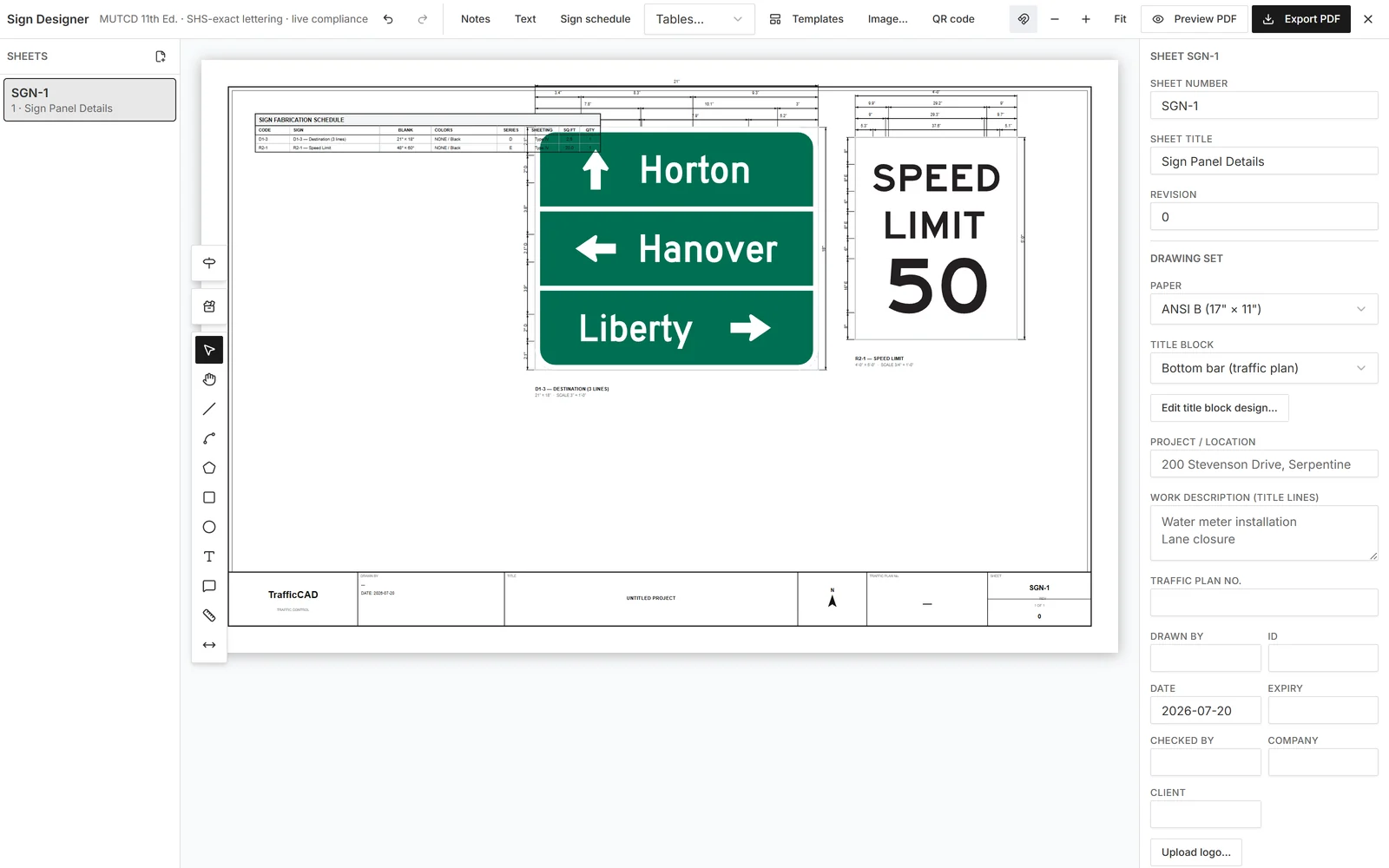 The TrafficCAD Sign Designer laying out a D1-3 destination guide sign with Highway Gothic lettering, dimension chains, and a fabrication title block.
