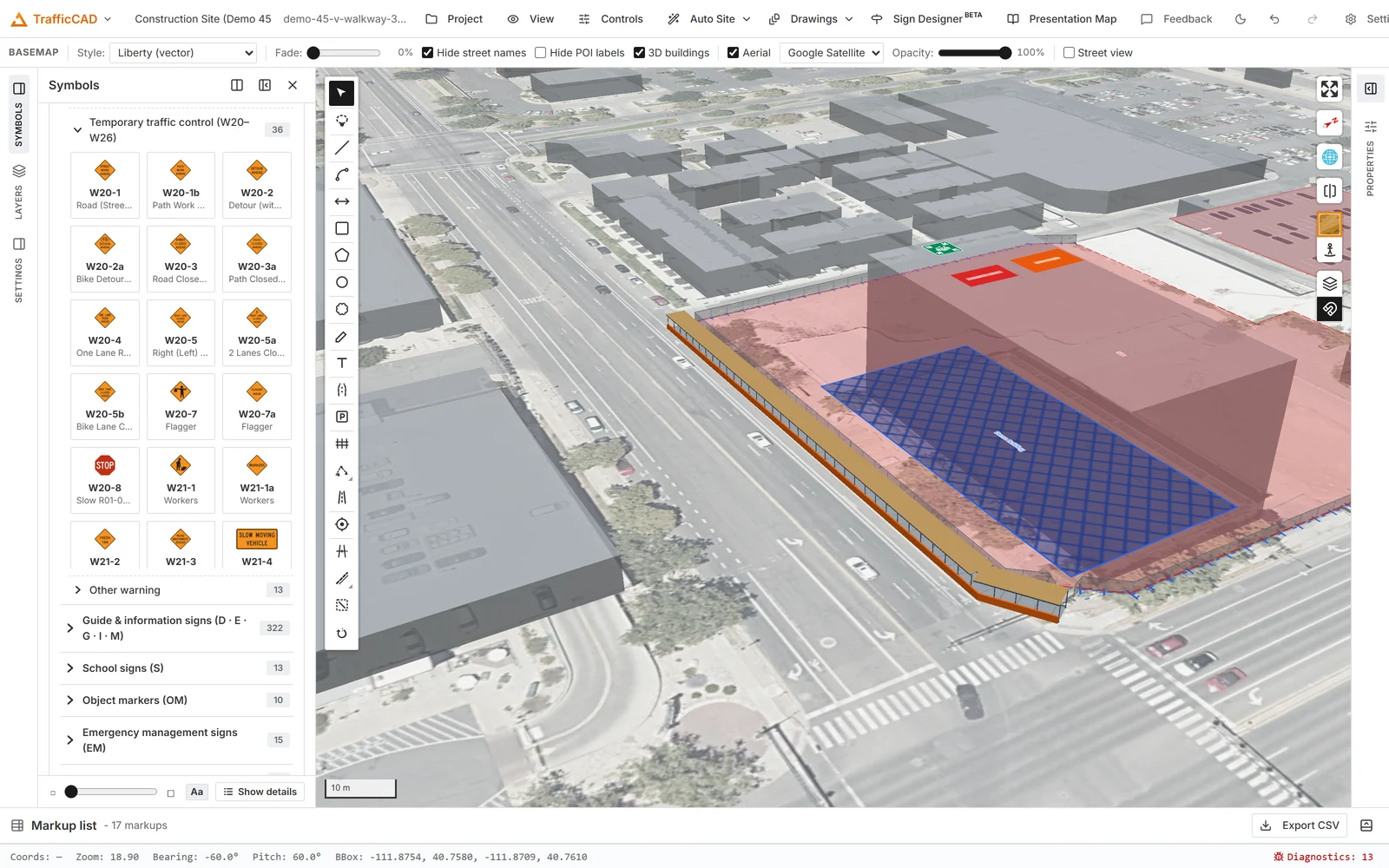 A pedestrian-level 3D review of the construction site: covered walkway, fence, and work-zone signs standing at true height over aerial imagery.