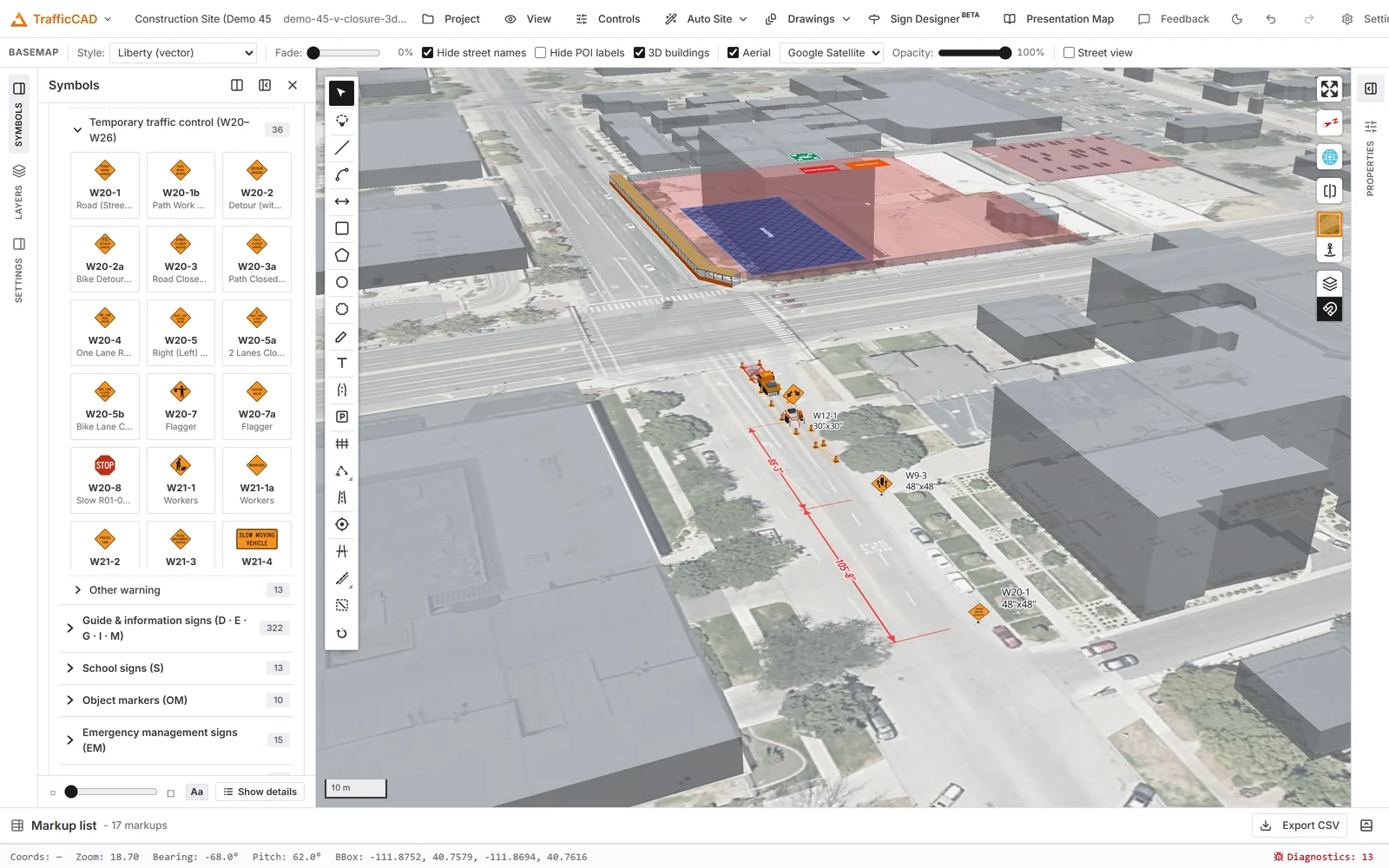A TrafficCAD work zone in true 3D over satellite imagery: channelizing devices, mounted signs, and buildings from a driver's-eye camera.