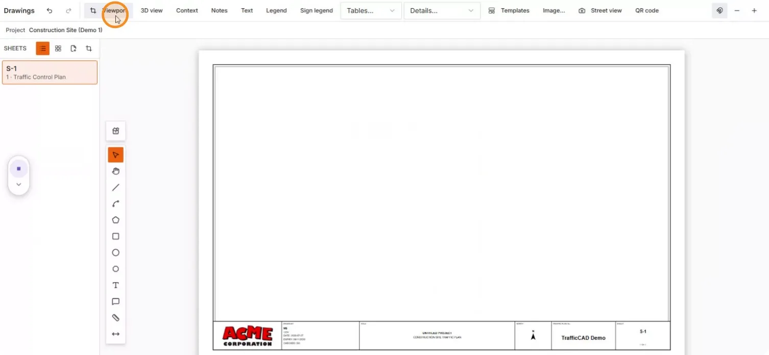 A blank S-1 Traffic Control Plan sheet with the Viewport button