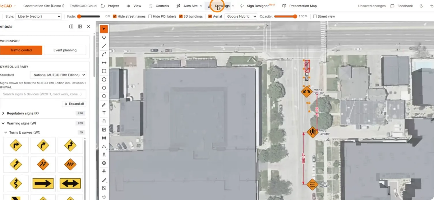 The map workspace with the Drawings button under the cursor