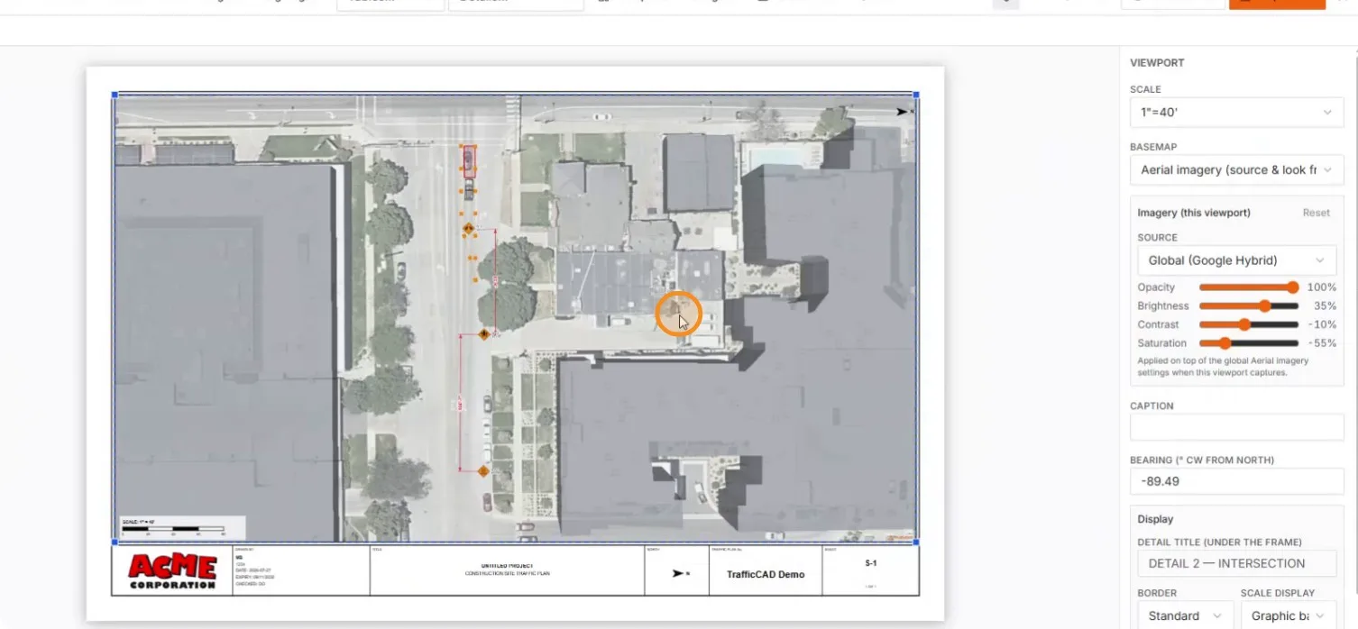 The generated viewport with its properties: scale, imagery source, detail title