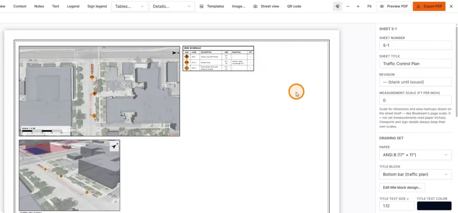 Plan viewport, 3D view, and sign schedule composed on the sheet