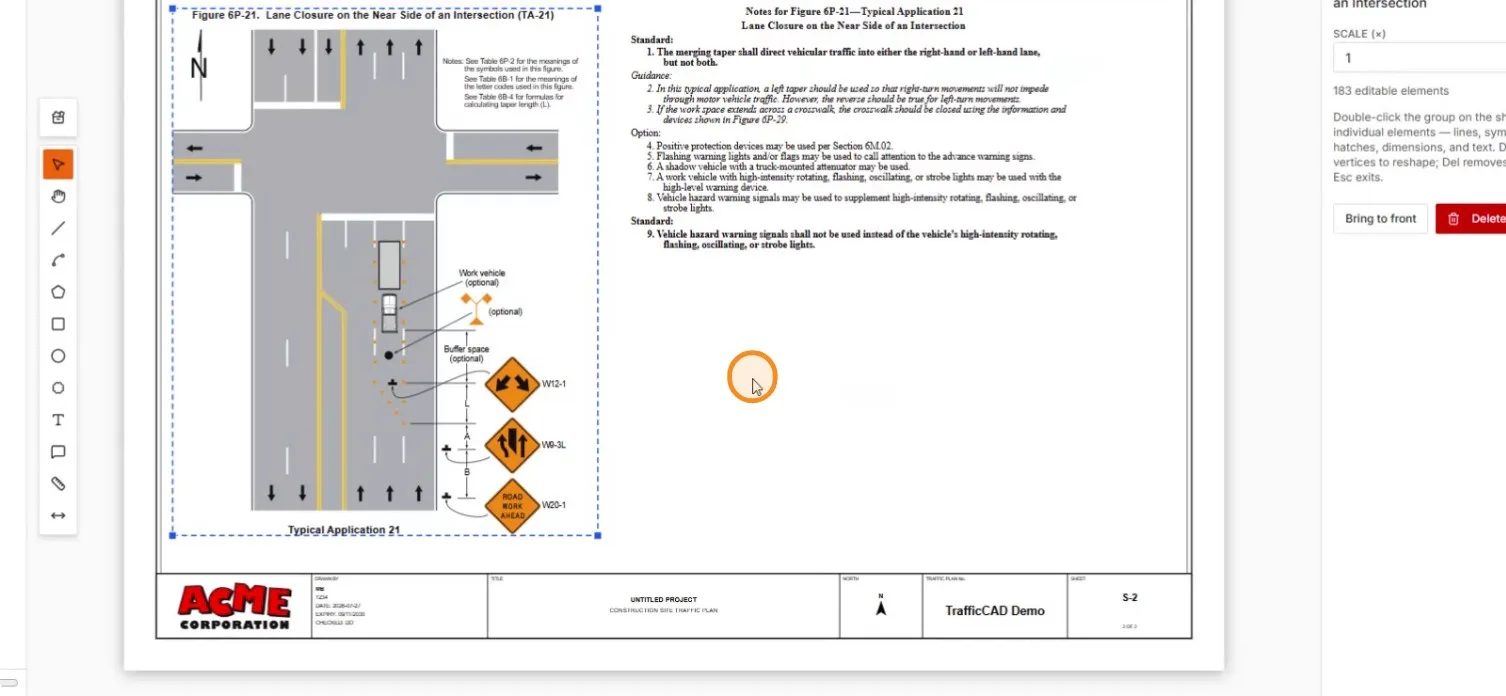 TA-21 placed — the panel reports 183 editable elements