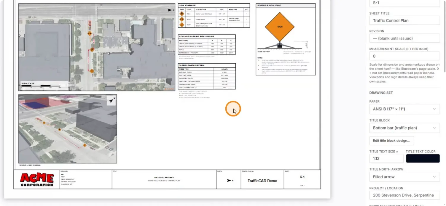 Sign spacing and Taper Length Criteria tables placed