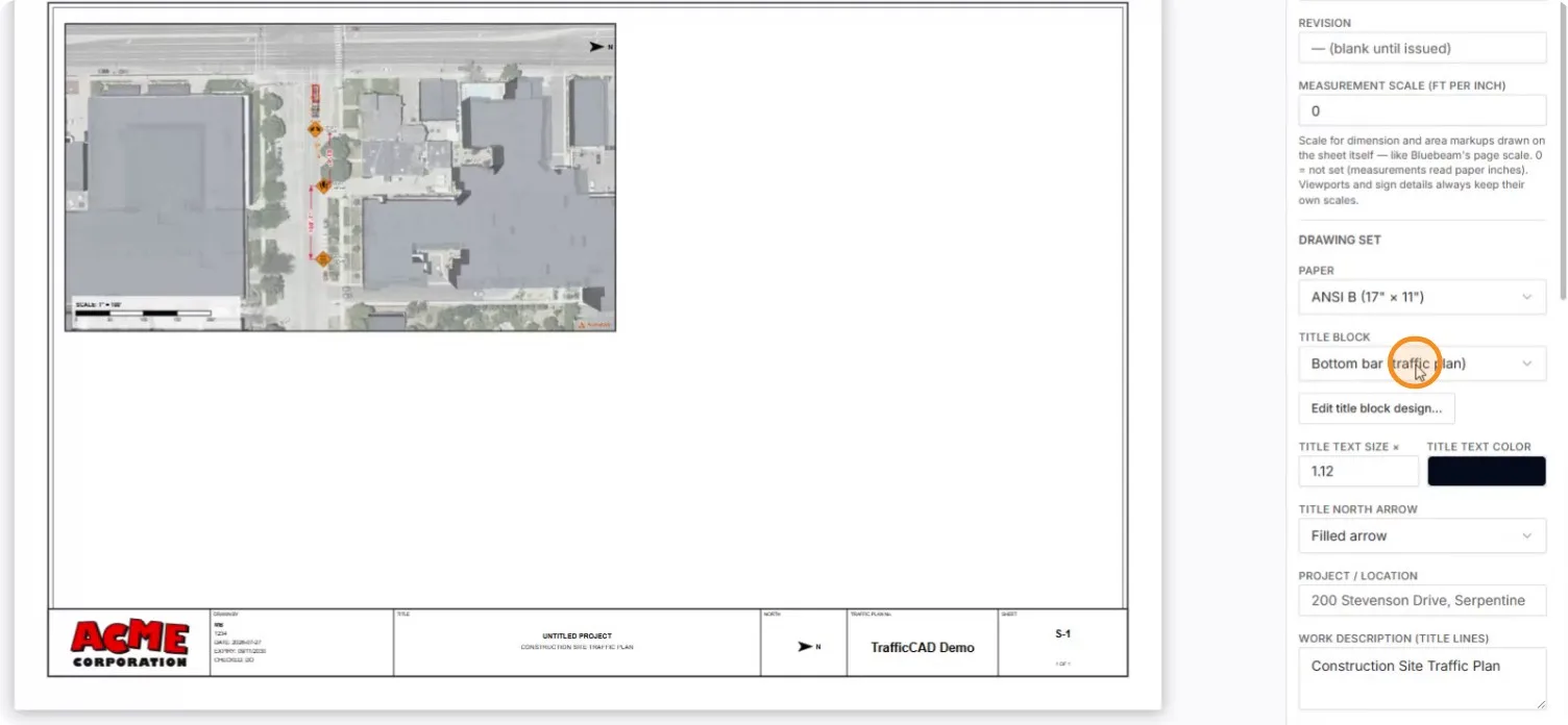 The Title Block dropdown reading Bottom bar (traffic plan)