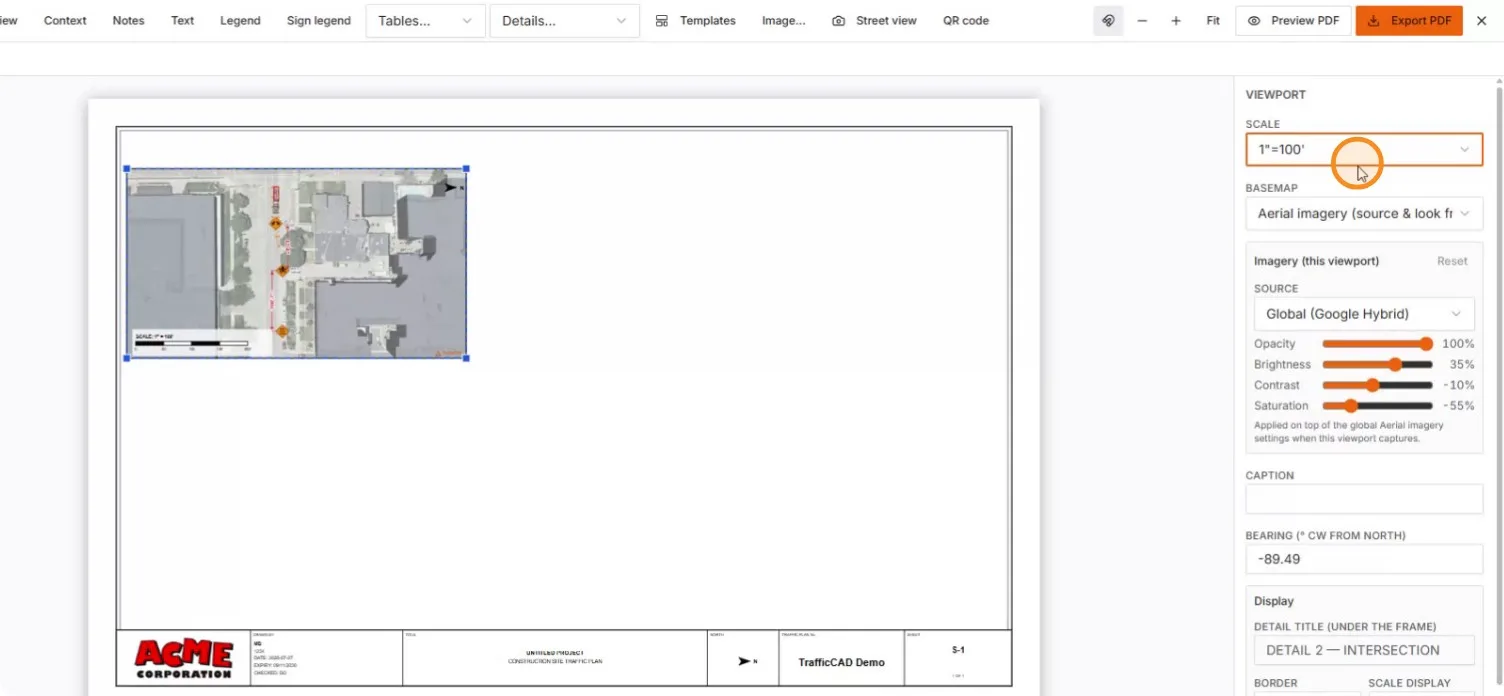 At 1 inch = 100 ft the same frame covers a wider area