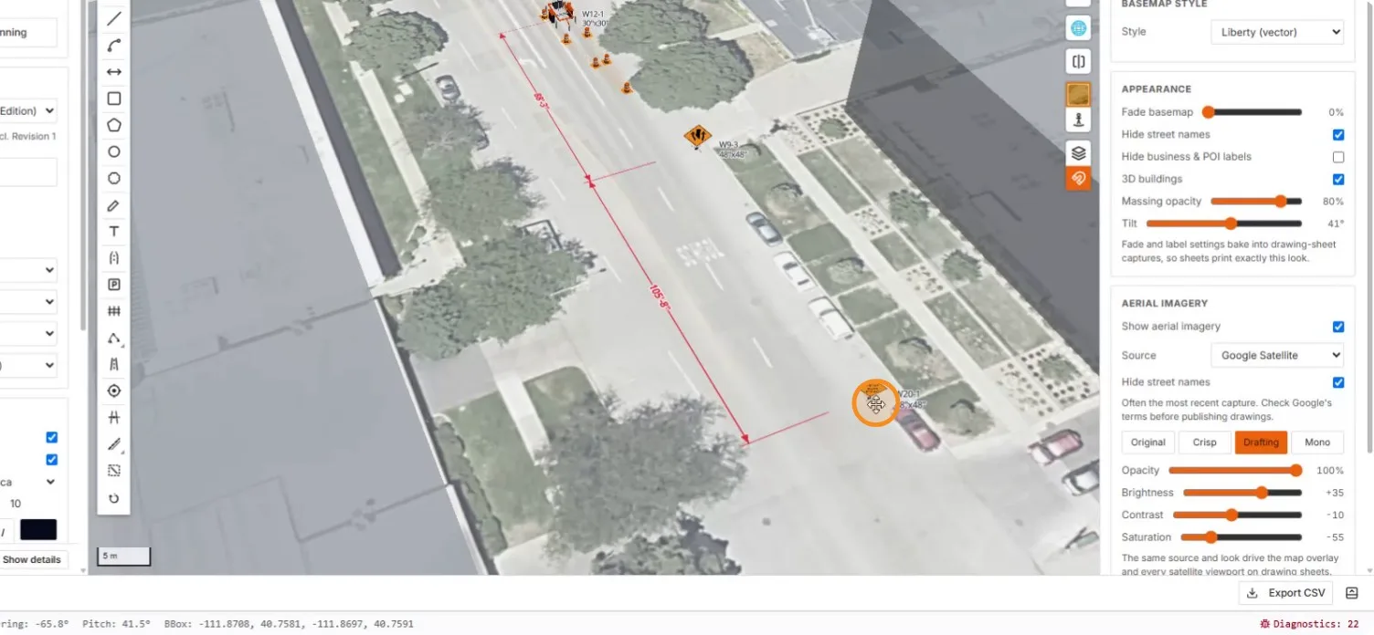 The dimensioned plan in a tilted view with all three signs
