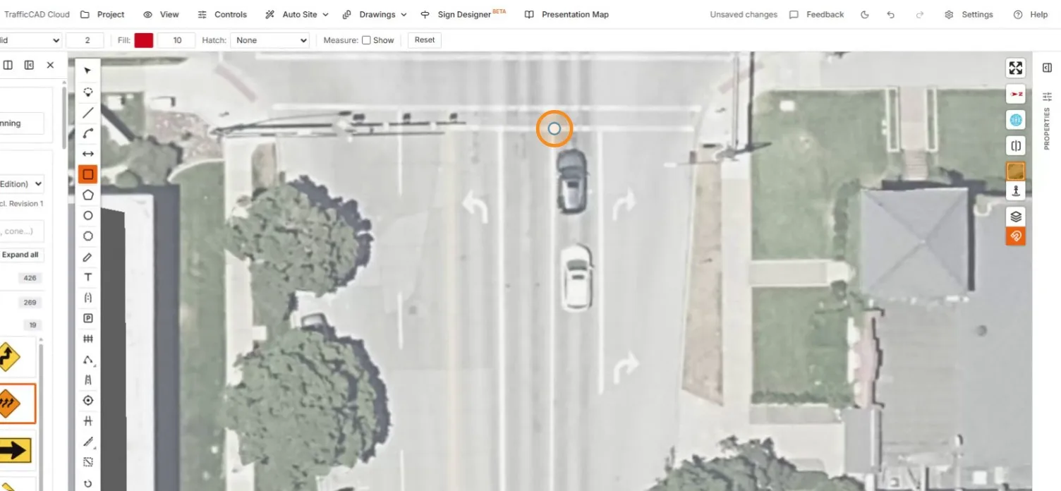 The rectangle tool active, ready to draw the work area on the roadway