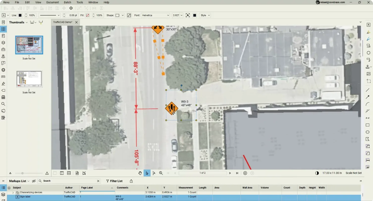 The exported plan in Bluebeam Revu with a sign selected and TrafficCAD rows in the Markups List