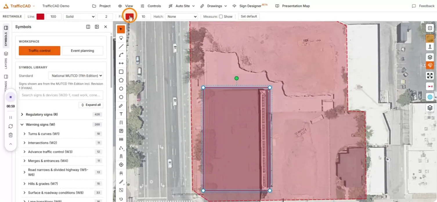 A rectangle drawn over the demolition building