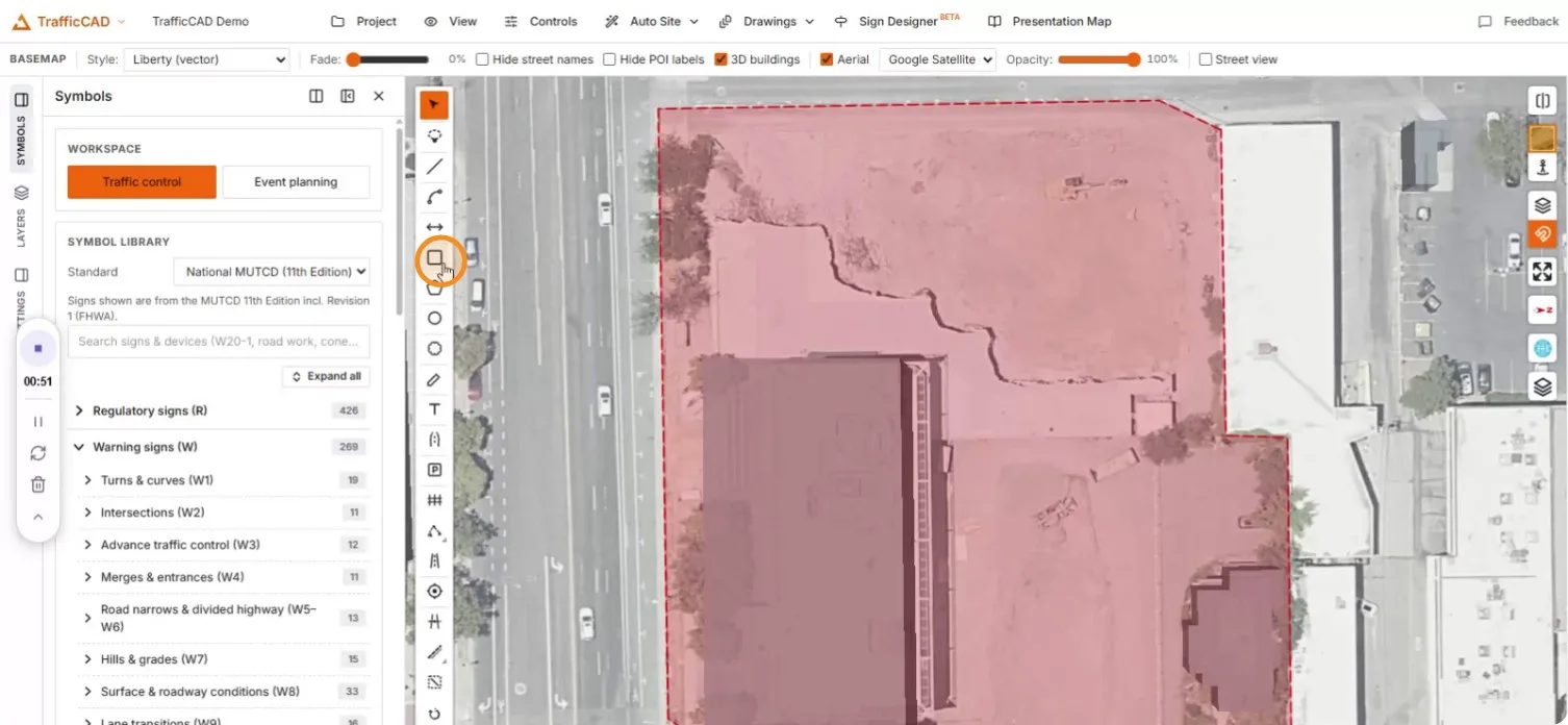 The rectangle tool chosen with the red site boundary in place