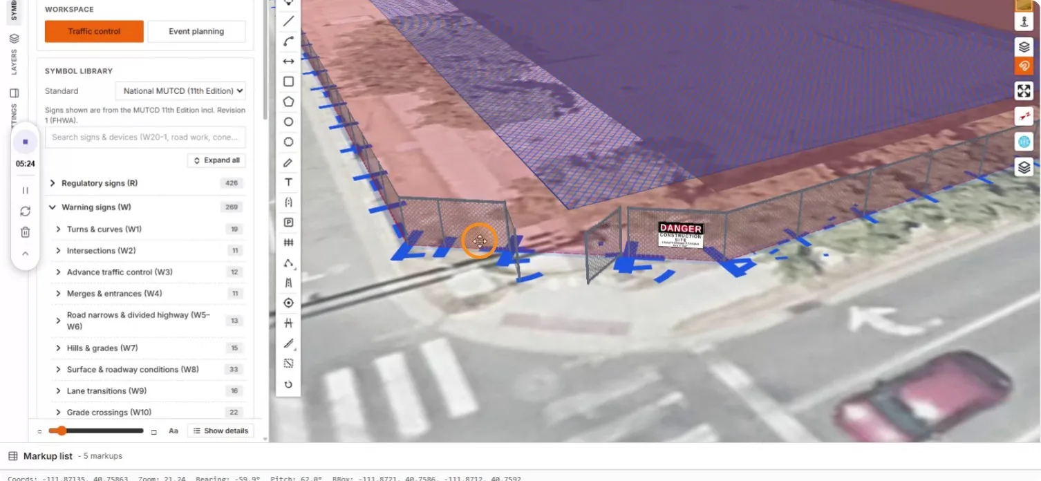 A close 3D view of the open gate with the enlarged DANGER sign