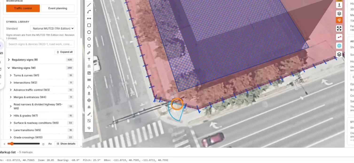 The gate swing arc placed at the corner near the crosswalk