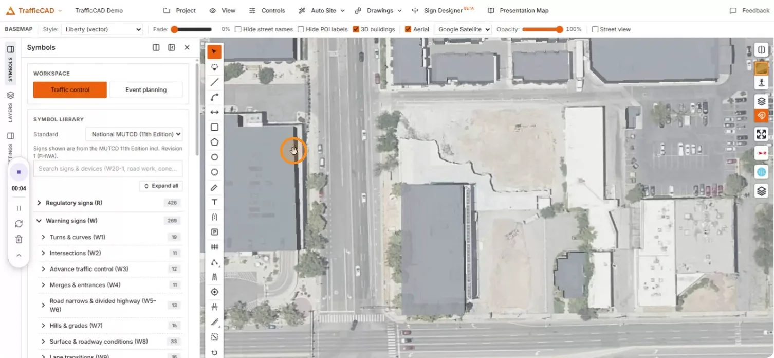The full workspace with markup toolbar, MUTCD library, and 3D buildings on aerial imagery