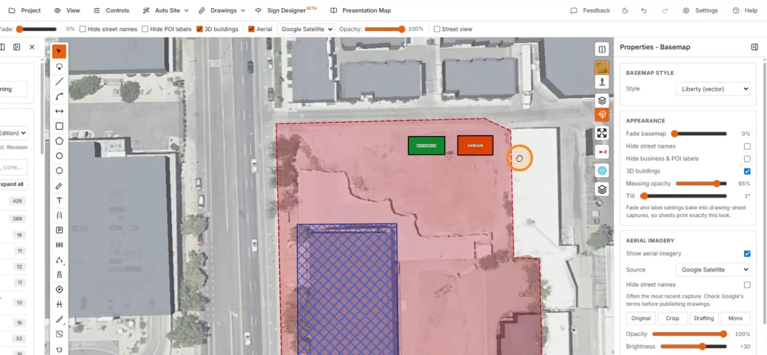 Green MEETING ROOM and orange SITE OFFICE side by side in the site