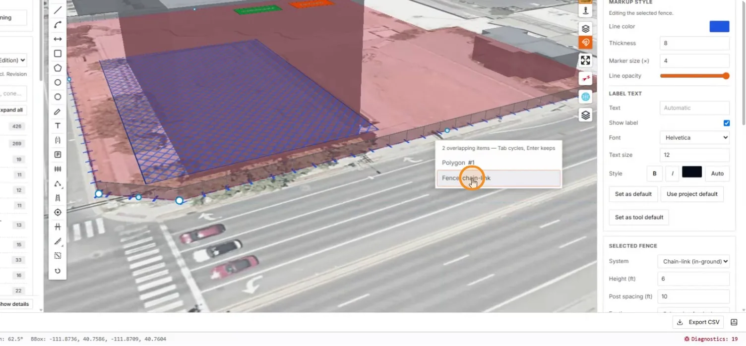 The overlapping-items picker listing the polygon and the fence