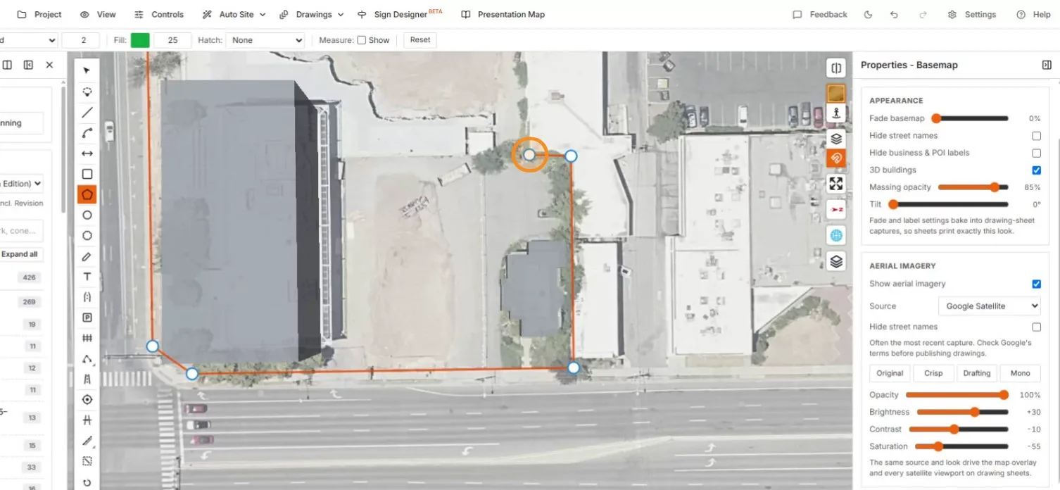 Zoomed vertex placement hugging the sidewalk at the southwest corner