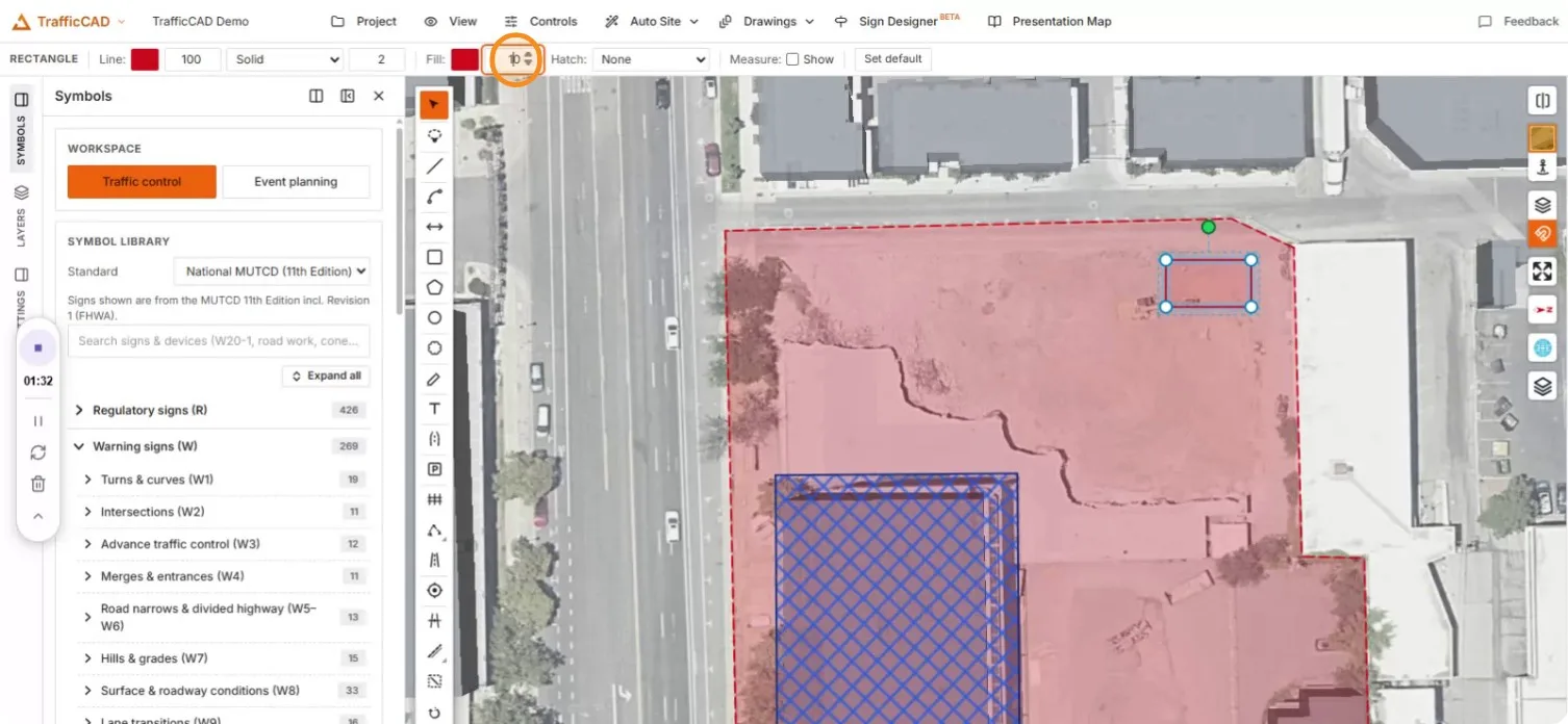 The site-office rectangle drawn in the site's corner
