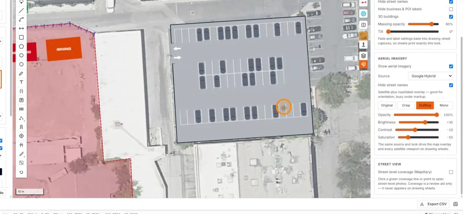 The lot deselected with entrance arrows on the aerial