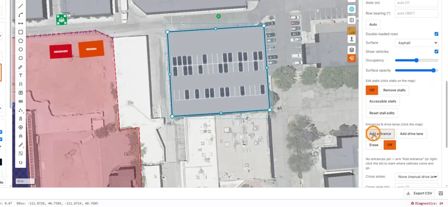 The parking controls with the Add entrance button