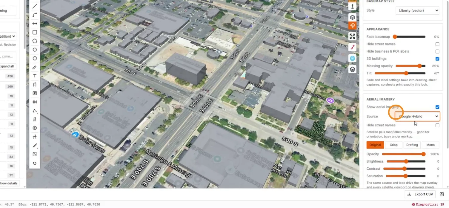 Google Hybrid imagery under the 3D massing with hybrid labels