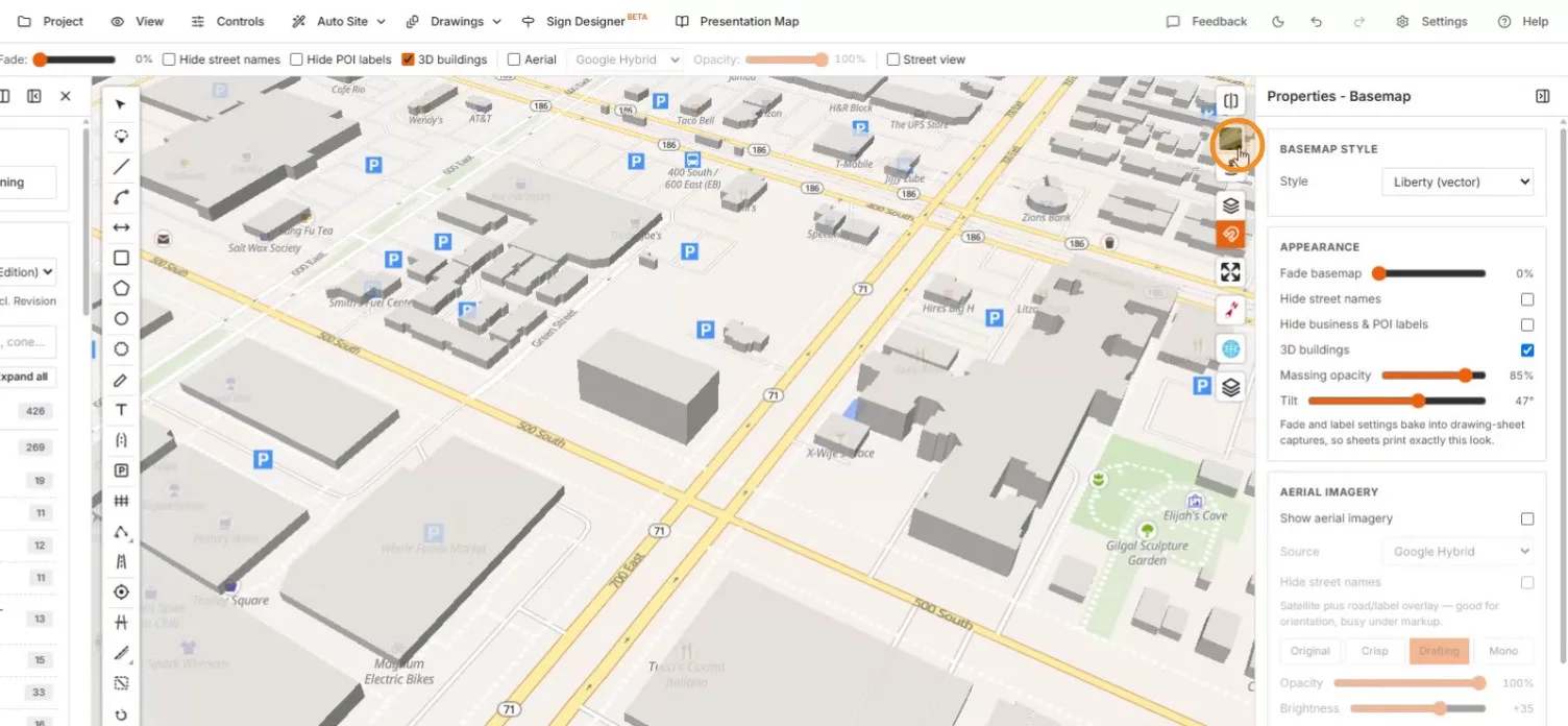 The Properties — Basemap panel with appearance and aerial imagery controls