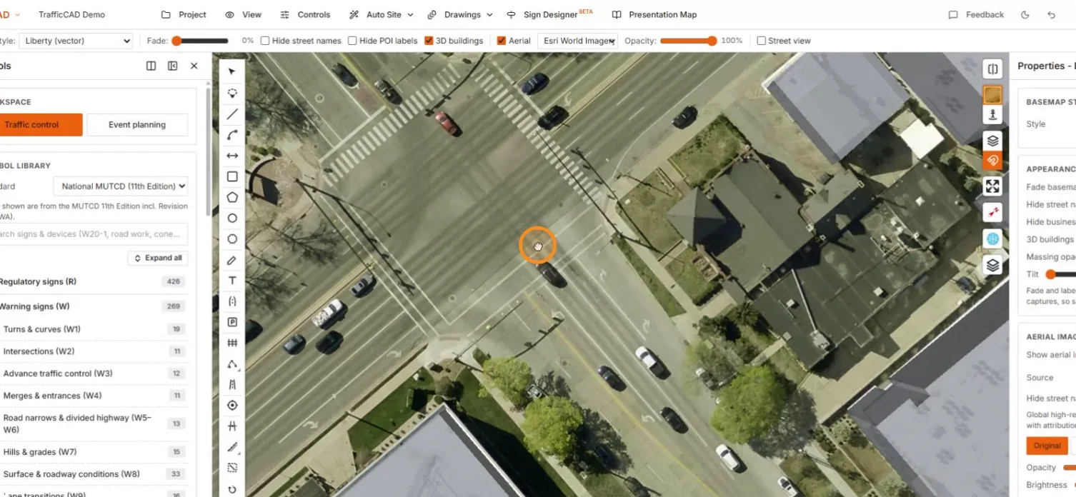 Crisp Esri World Imagery over a signalized intersection