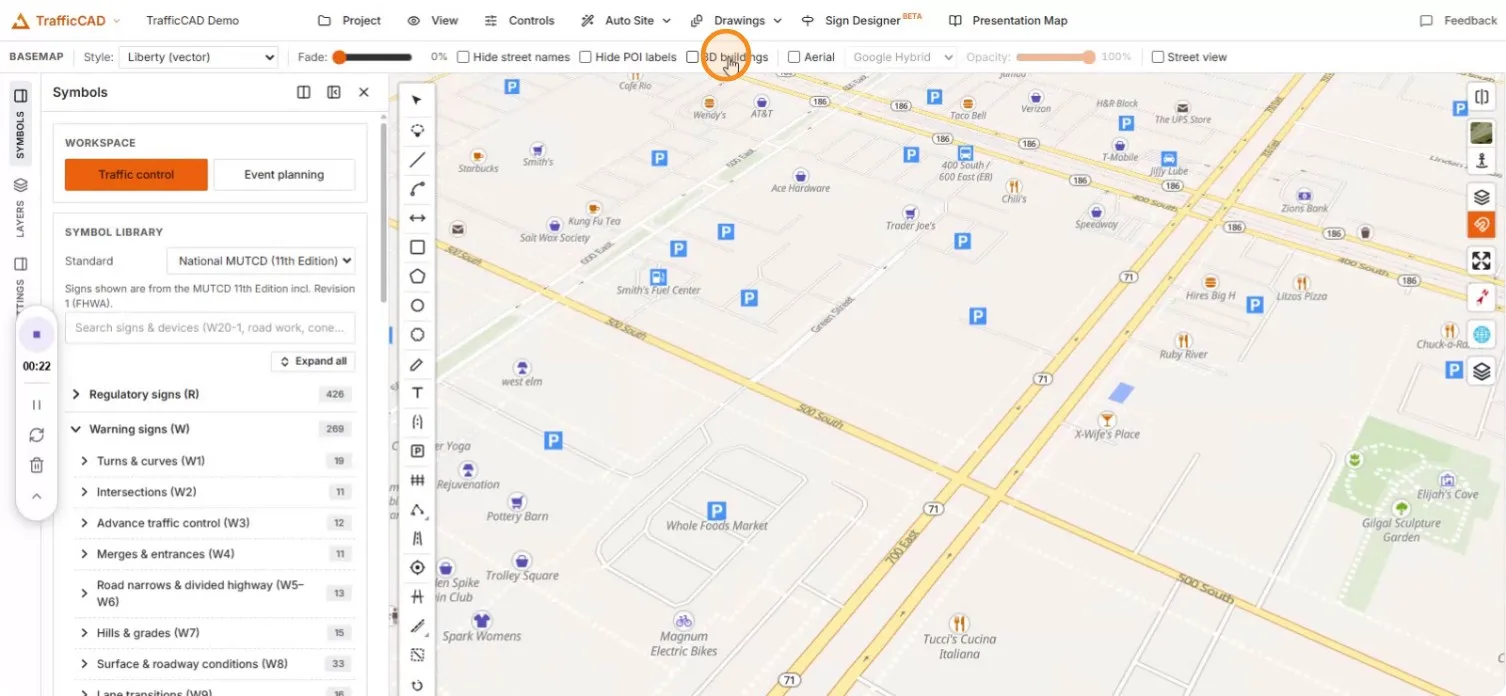 3D buildings off: the flat basemap with POI icons and labels