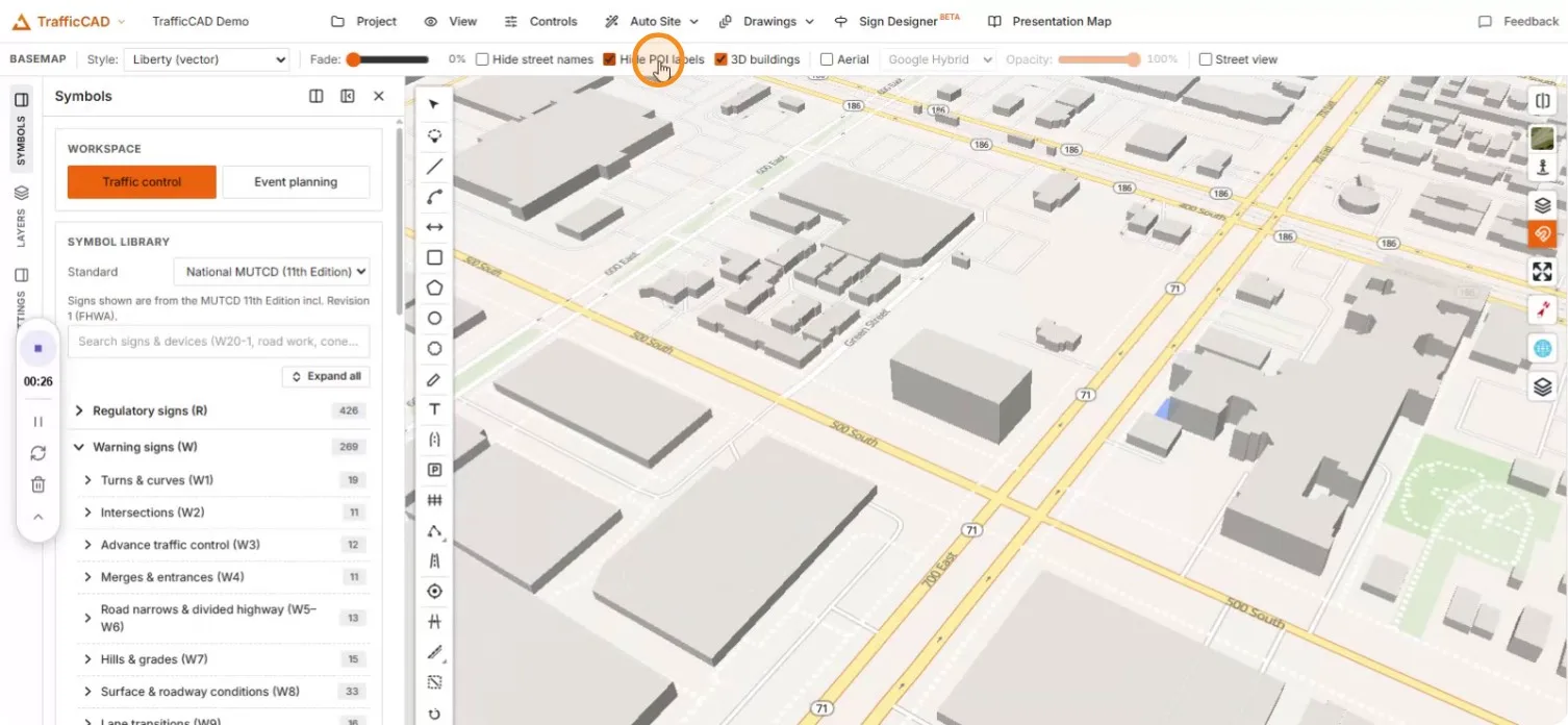 The map cleared of POI icons — street names and shields remain