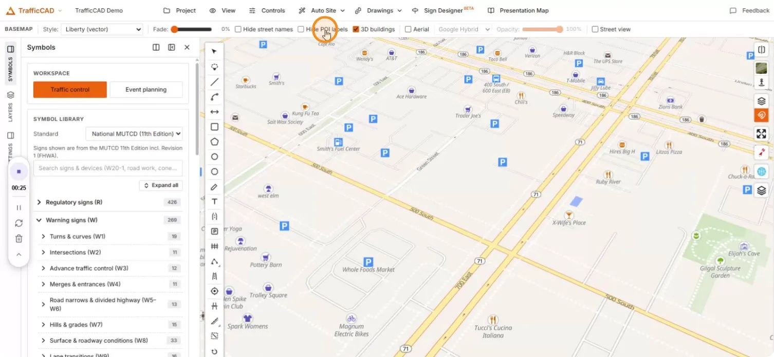 POI icons and labels visible before the toggle