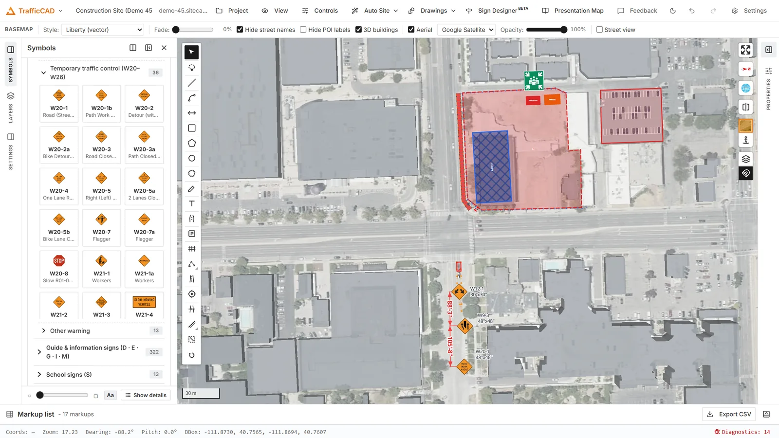A MUTCD lane closure being designed on live aerial imagery in TrafficCAD