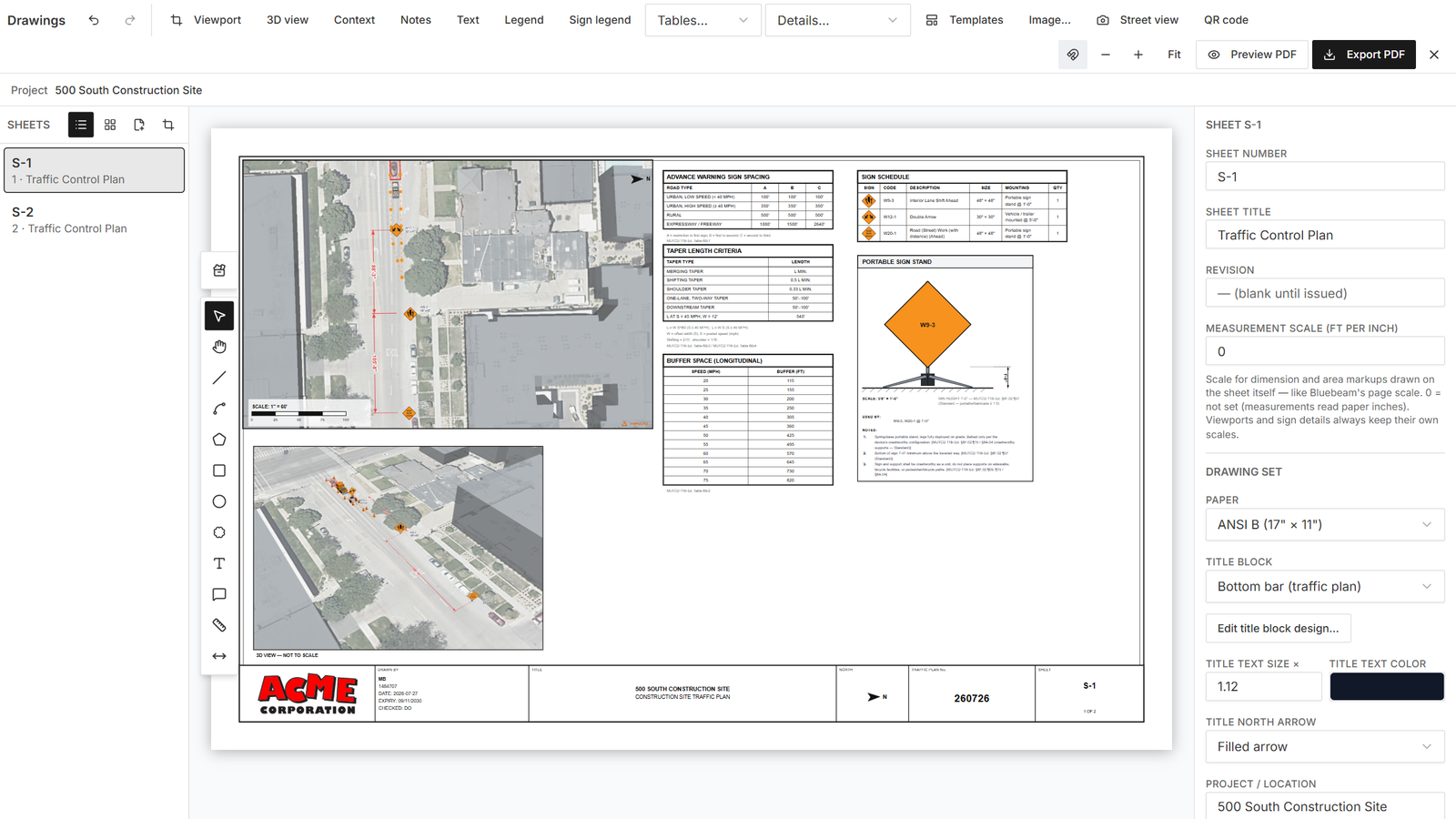 A sheet with a live viewport, title block, and legend