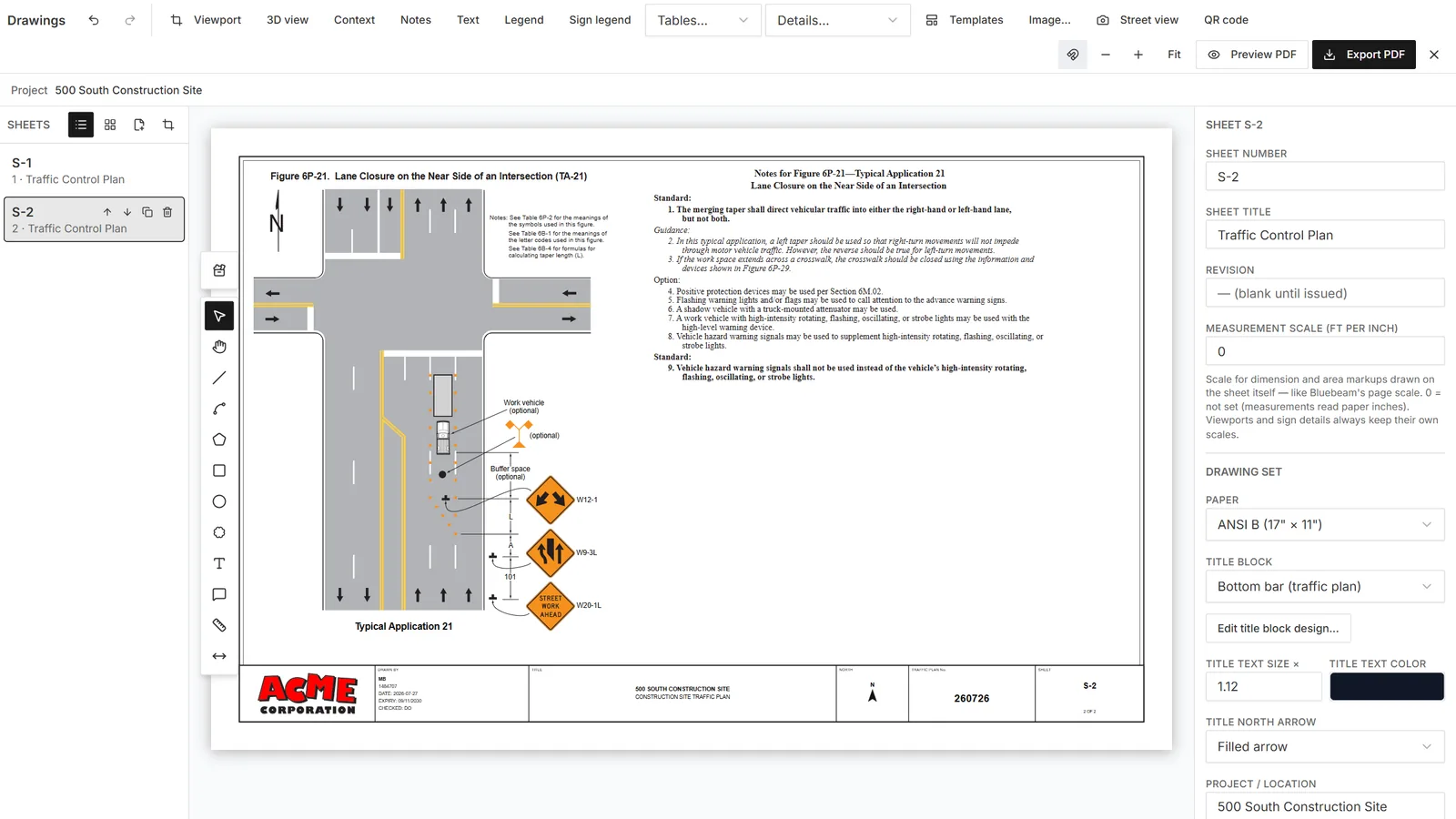 The exported sheet: plan viewport, 3D inset, title block, tables