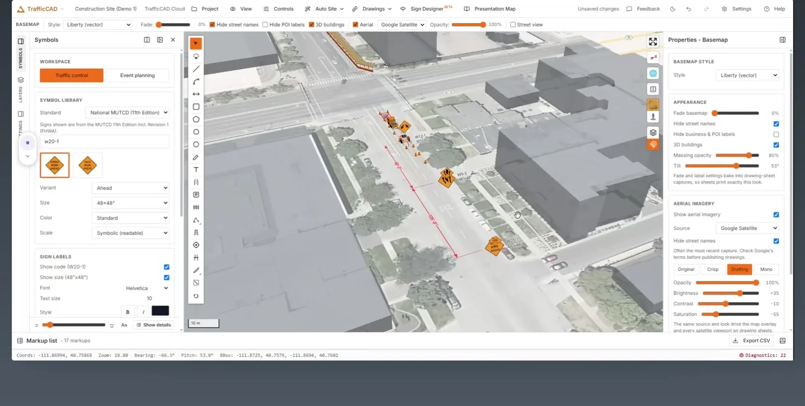 TrafficCAD reviewing a finished work-zone traffic control plan in tilted 3D — signs, drum taper, and dimensions over satellite imagery.